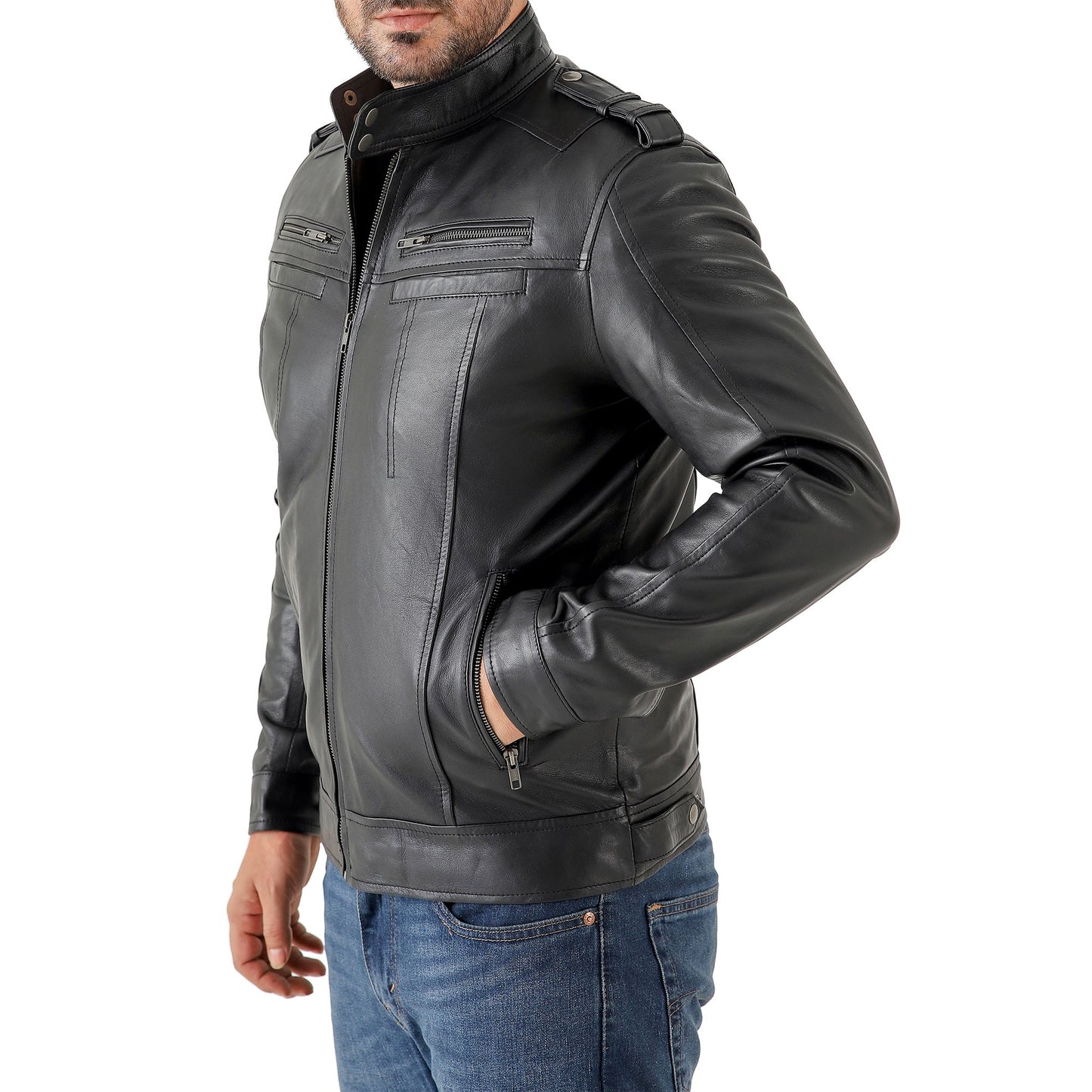 Men’s Waxed Leather Biker Jacket – Vintage Style with Shoulder Epaulettes