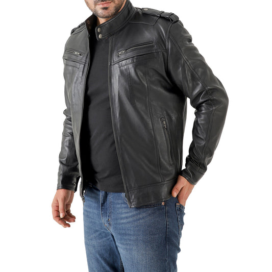 Men’s Waxed Leather Biker Jacket – Vintage Style with Shoulder Epaulettes